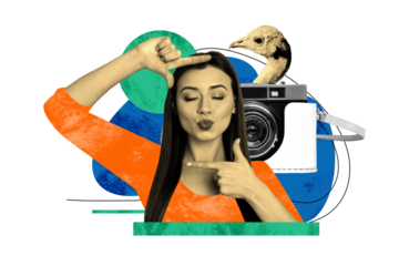 Composite photo collage of dreamy happy girl hold hands focus camera photoshoot bird capture moment retro isolated on painted background