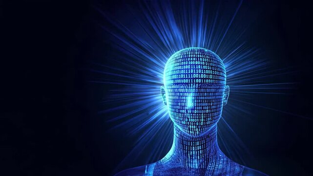 Digital human head with blue binary code, code lines, code flow, flowchart programming, data flow, Code Visualization