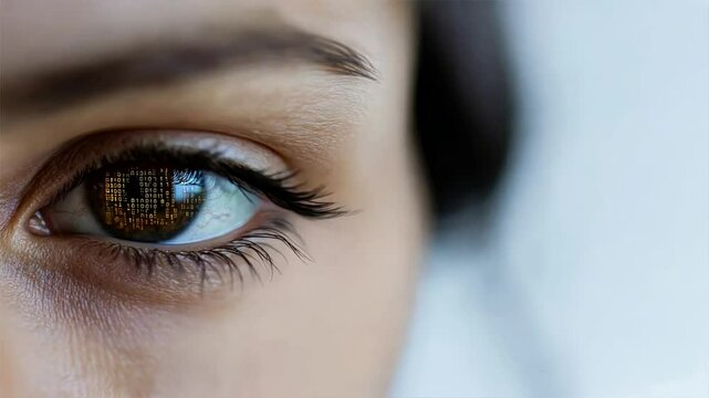 Woman eye with binary code reflecting in the iris, code lines, code flow, flowchart programming, data flow, Code Visualization