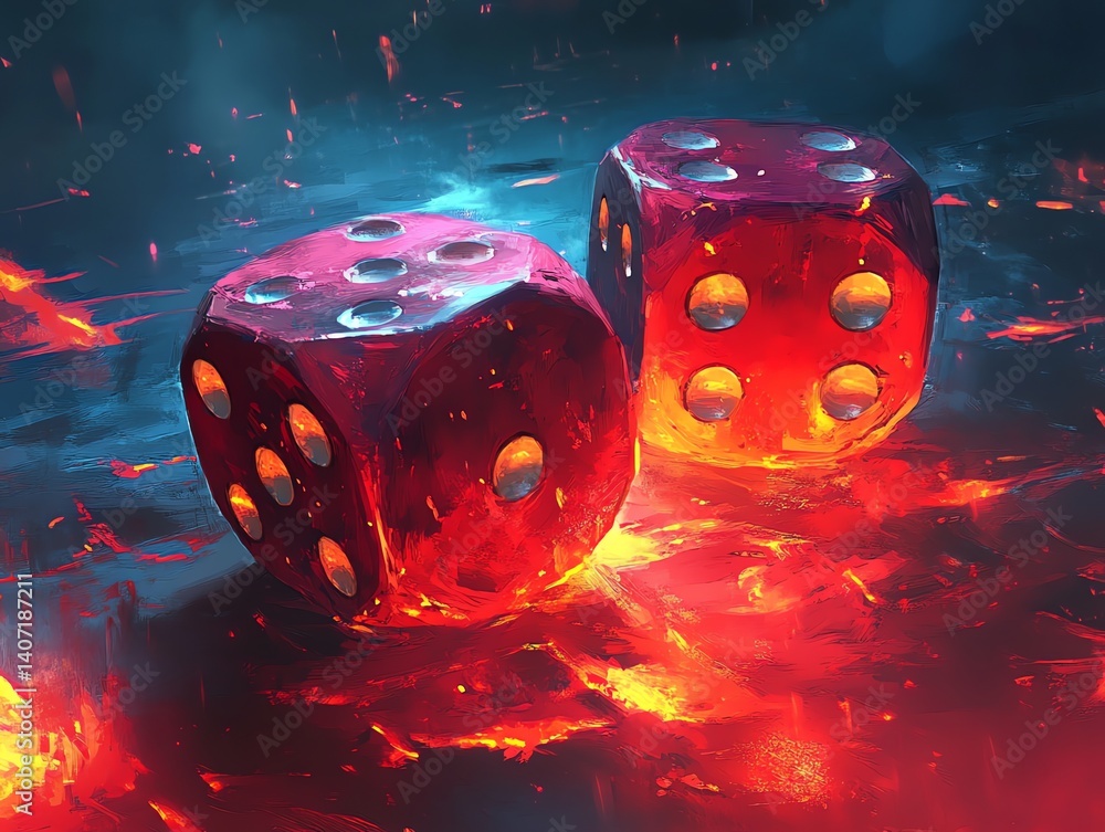 Aufkleber two glowing red dice roll across a fiery surface creating a dramatic and intense scene perfect for f