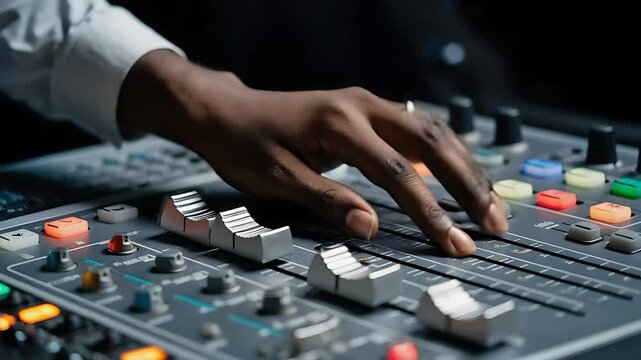 Hands adjusting knobs on professional sound mixer