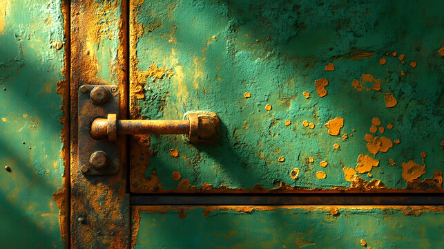 A close up of a rusty green metal door with peeling paint and an old handle under sunlight symbolizing urban decay and vintage textures