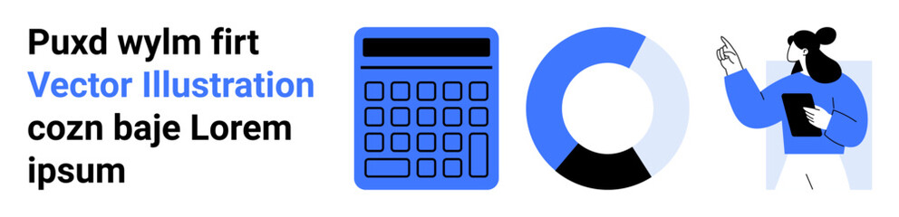 Woman presenting with a tablet, a calculator, and a colored pie chart. Ideal for finance, analytics, education, growth, planning, data visualization simple landing page