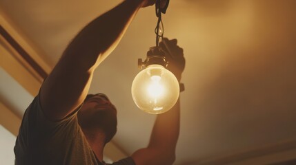 Electrician installing a new light fixture in a living room. Featuring lighting installation and home upgrades
