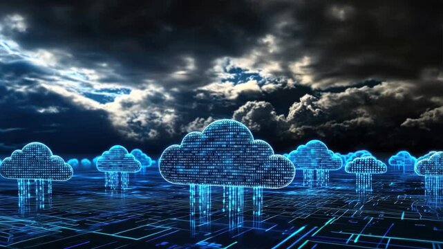 3D digital clouds with binary code flowing from them, code lines, code flow, flowchart programming, data flow, Code Visualization