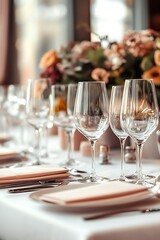 Elegant Table Setting:  Crystal Wine Glasses and Peach Napkins