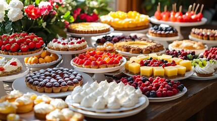 variety of desserts and fresh fruit on a wooden table including fruit tarts cakes and pies arranged on white plates creating a vibrant and delicious food presentation