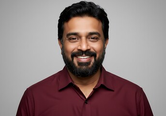 Obraz premium A charismatic man s radiant smile a portrait showcasing joy confidence and a warm maroon shirt