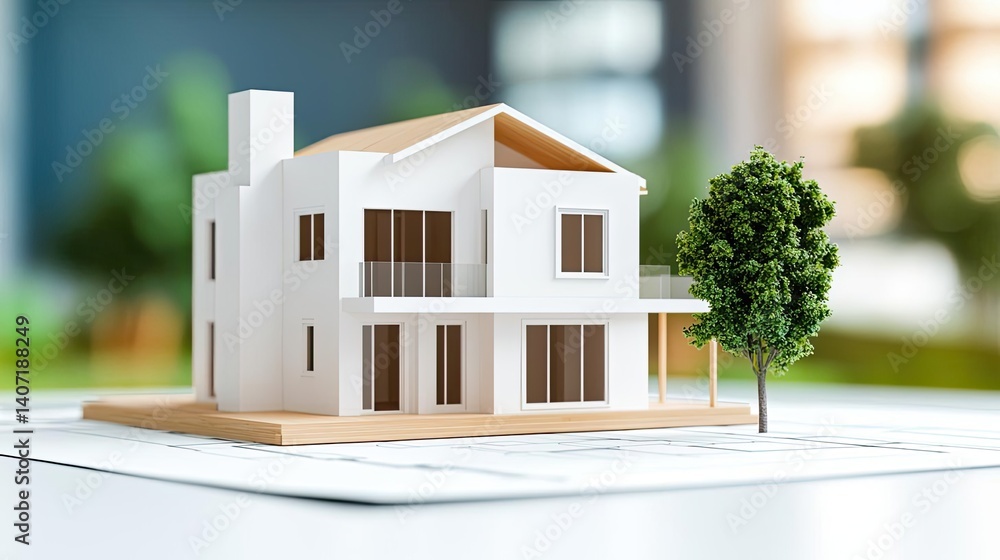 Poster building house on blueprint highlighting dwelling and project concept. detailed architectural model 