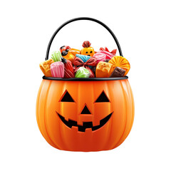 Pumpkin Halloween decor type. Smiling pumpkin basket filled with colorful Halloween candies.
