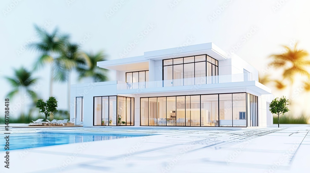 Poster building house on blueprint highlighting dwelling and project concept. modern villa with large windo