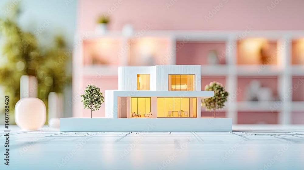 Poster building house on blueprint highlighting dwelling and project concept. modern architectural model on