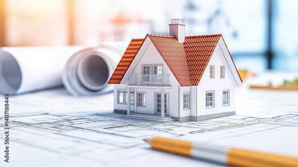 Poster building house on blueprint highlighting dwelling and project concept. scale model house on blueprin