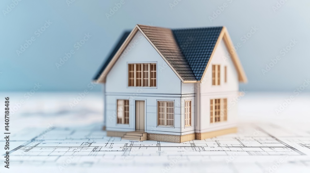 Poster building house on blueprint highlighting dwelling and project concept. a detailed model house on arc