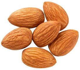 Almond isolated png. Almond nuts heap on white or transparent background. Perfect retouched almond no background top view. Transparent png. Full depth of field.