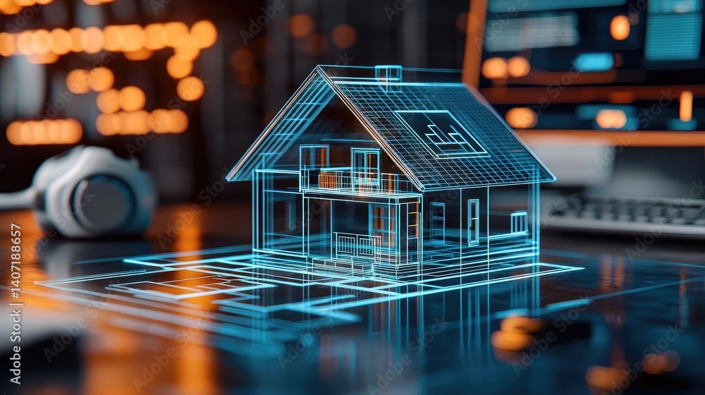 Poster building house on blueprint with dwelling and plan concept. digital house model showcasing modern ar