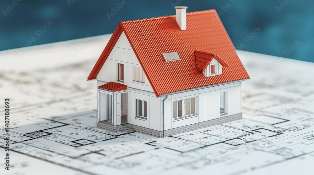 Poster building house on blueprint highlighting dwelling and project concept. detailed model of a house on 