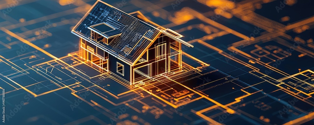 Poster building house on blueprint among project and construction concept. 3d rendering of a house model on