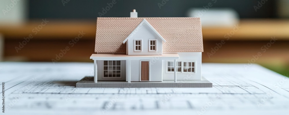 Poster building house on blueprint highlighting dwelling and project concept. a detailed scale model of a m