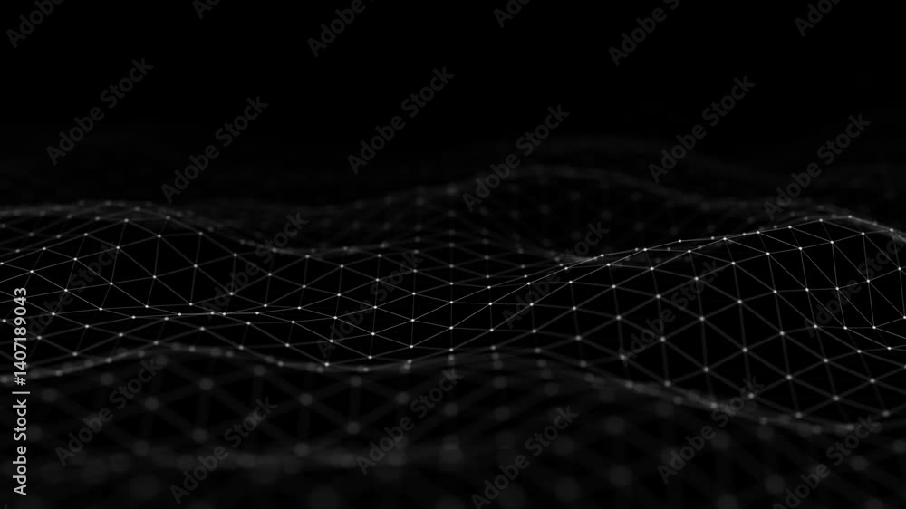 Poster Digital wireframe mesh surface with glowing connection points forming a dynamic network, Technology network and blockchain connection, Big data transfer digital data analysis, Background loop