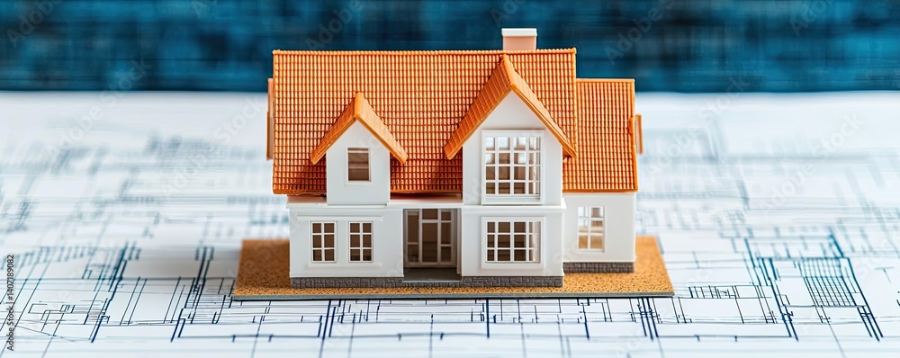 Poster building house on blueprint highlighting dwelling and project concept. model house on blueprints sho