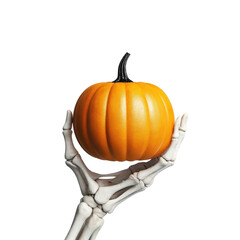 Obraz premium Pumpkin Halloween decor type. Skeleton hand holding a vibrant orange pumpkin against a black background.