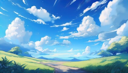 Vibrant Anime Backdrop Glistening Blue Sky, Fluffy Clouds and Intricate Details in a Stunning HighResolution Illustration, Perfect for Digital Art, Home Decor, or Design Inspiration.