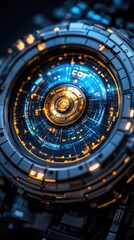 Obraz premium Futuristic eye featuring intricate blue and orange glowing details and metallic texture