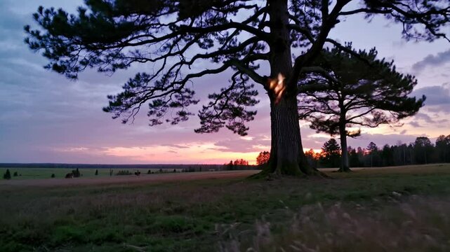 A majestic pine tree stands silhouetted against a purple twilight sky. Fairy lights twinkle at its base, creating a magical atmosphere. The surrounding field of tall grass and distant trees complete t