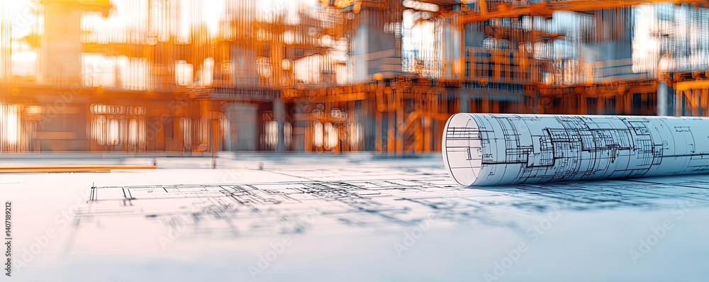 Poster building house on blueprint with dwelling and plan concept. blueprints on construction site showcasi
