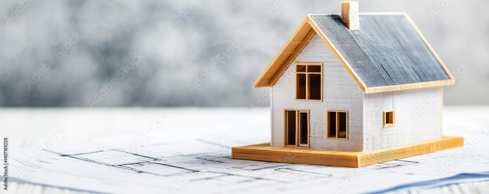 Poster building house on blueprint among project and construction concept. model house on blueprints repres