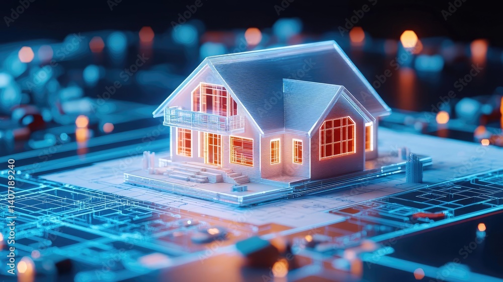 Poster building house on blueprint highlighting dwelling and project concept. a futuristic house model on a