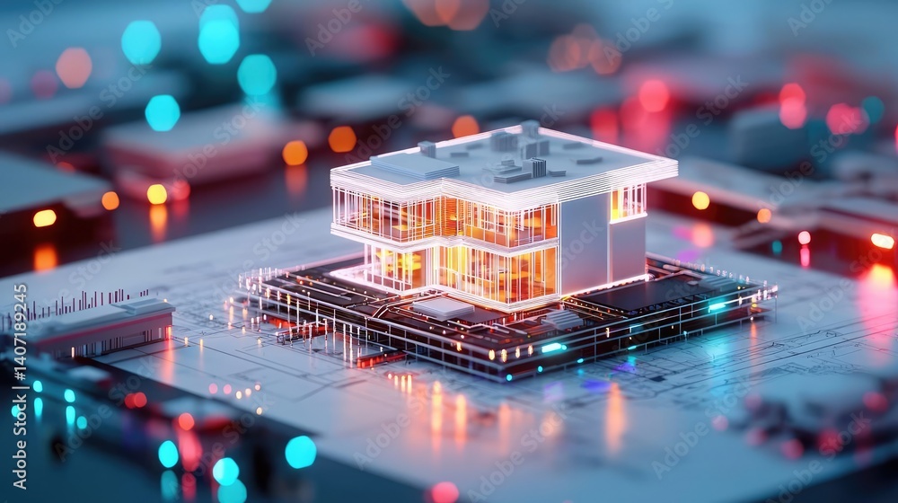 Poster building house on blueprint highlighting dwelling and project concept. a futuristic model of a build
