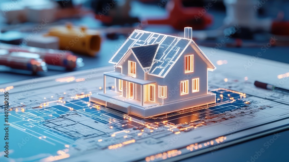 Poster building house on blueprint highlighting dwelling and project concept. a glowing house model on arch