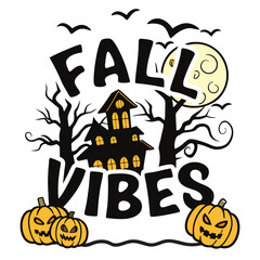 Fall Vibes With Spooky Haunted House Pumpkins And Full Moon Illustration