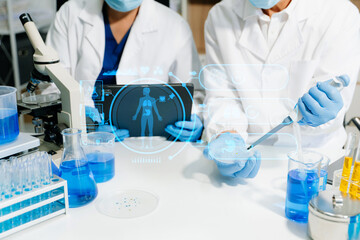 Fototapeta premium Modern medical research laboratory. female scientist hands working with micro pipettes analyzing biochemical samples