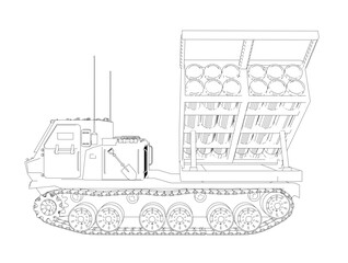 A black and white drawing of a tank with a large number of ammunition bags on the back. The tank is shown in its entirety, with the wheels visible and the ammunition bags stacked on top of each other