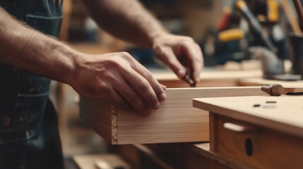Carpenter assembling wooden drawer in workshop. Featuring craftsmanship and detail