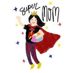 Obraz premium Super best mom mother mama international day superhero power woman clipart png transparent digital sticker happy cute doodle hand drawn kids illustration gift present design
