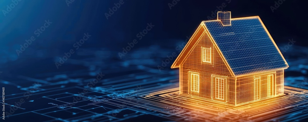 Poster building house on blueprint with dwelling and plan concept. a digital house model with futuristic ar