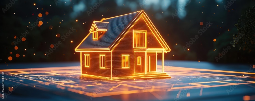 Poster building house on blueprint with dwelling and plan concept. a glowing 3d house model representing mo