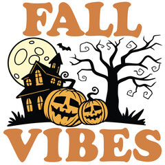 Festive Fall Vibes With Halloween Haunted House Scene And Pumpkins Illustration