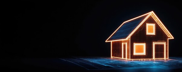 Building house on blueprint with dwelling and plan concept. A glowing representation of a house in a dark environment.