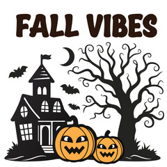 Spooky Halloween Design With Haunted House And Pumpkins Illustration