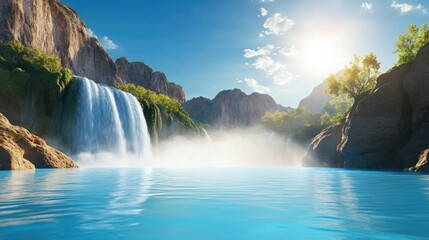 Fototapeta premium Majestic Waterfall Cascading into Crystal Clear Blue Lake Surrounded by Lush Greenery and Mountains