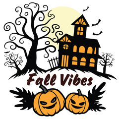 Halloween Design With Haunted House Pumpkins Bats And Moon Vector Illustration