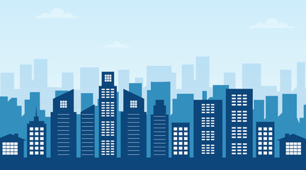 Flat Design Urban City Skyline Vector Illustration with Skyscrapers and Buildings
