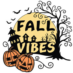 Spooky Halloween Night Fall Vibes With Pumpkins Bats And Haunted House