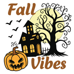 Halloween Haunted House With Pumpkin And Spooky Tree Fall Vibes Illustration