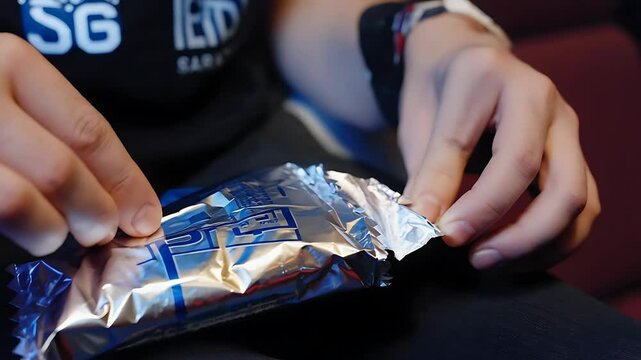 Opening a shiny snack bar wrapper